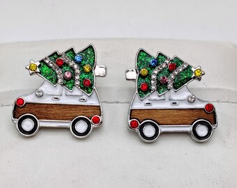 Christmas Tree Car Earrings – Rhinestone Enamel Holiday Statement Earrings