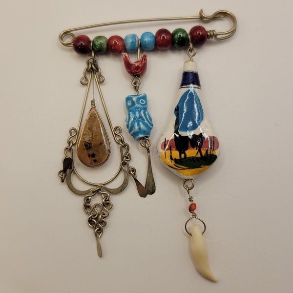 Southwest Themed Ceramic Beaded Pin - Beaded Brooch with Llama, Owl, and Teardrop Framed Stone - Southwestern Jewelry - Handmade Pin - K#350