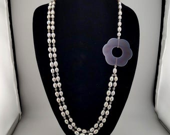 Vintage Gray-Purple Freshwater Pearl & Agate Floral Statement Necklace