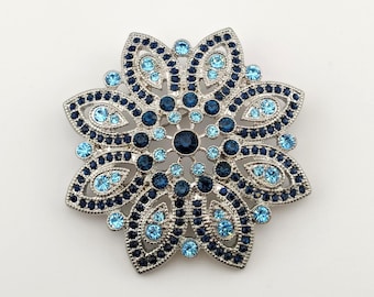 Vintage Monet Signed Blue Rhinestone Floral Brooch Silver Tone Retro Flower Pin