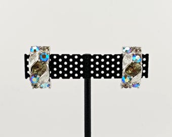 Vintage Lisner Signed Smoky and Aurora Borealis Rhinestone Leaf Earrings Silver Tone Clip On