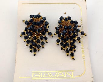Vintage 1990s Old Store Stock Faceted Black Golden Beaded Cha Cha Statement Earrings Giavan