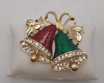 Vintage Sparkling Enameled Christmas Bells Brooch Pin- Vintage Holiday Spirit Jewelry- Red and Green Bells with Rhinestones Pin- K#485