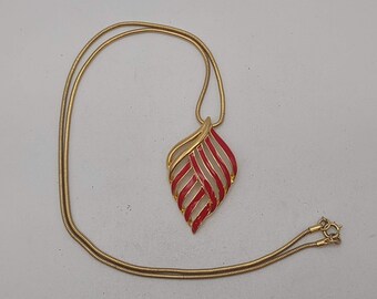 1970s Vintage Trifari Red Enameled Open Work Leaf Pendant on Snake Chain- Trifari Jewelry Collector- Vintage Costume Jewelry K#938