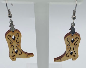 Vintage Open Work Wooden Cowboy Boot Earrings Item K # 1334