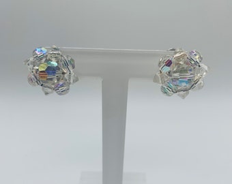 Aurora Borealis Cluster Earrings- Vintage Crystal Earrings- Iridescent Earrings- 1950's Earrings- Vintage Costume Jewelry- Item K #1247