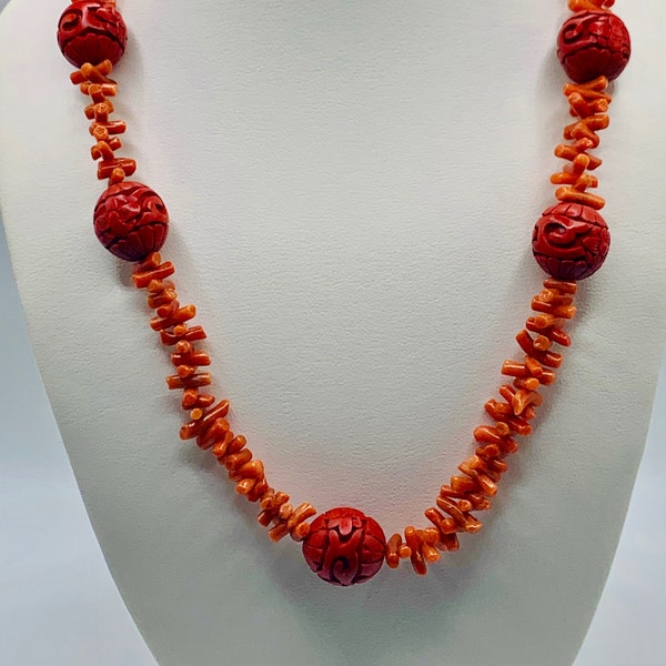 Vintage Branch Coral and Carved Cinnabar Beaded Necklace Item K # 1083