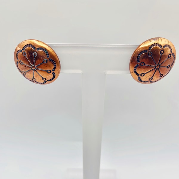 Floral Stamped Copper Earrings, Vintage Copper Jewelry, Button Earrings, Hand Stamped, Copper Circle Earrings, Item K #2356