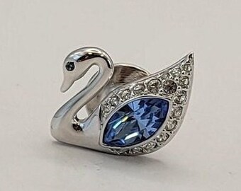 Swarovski Crystal Swan Pin - Silver Tone Swan Logo Brooch with Sparkling Blue Center Stone and Clear White Stone Accents- Gift for Her #K904