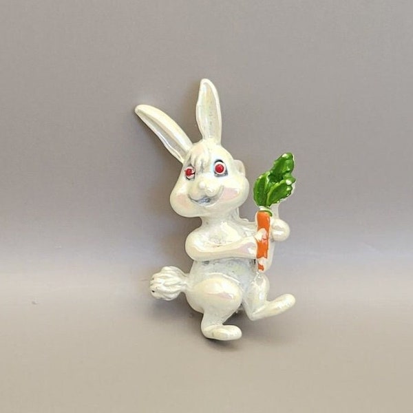 Bunny Rabbit Pin- White Rabbit with Carrot- Vintage Enameled Bunny Pin- Gift Topper- Easter Gift- Easter Bunny Pin- Easter Basket Gift K#222