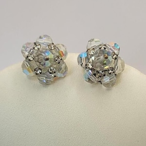 Vintage Aurora Borealis Crystal Cluster Earrings - AB Crystal Clip-on Earrings for Non-Pierced Ears - Bouquet Accents - Shoe Clips - K#1427