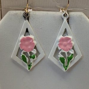 Vintage Enameled Floral Earrings - Pink Flower Dangle Earrings with Ear Wires for Pierced Ears - Floral Jewelry - Nice Gift for Mom - K#813