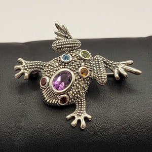 Multi-Gemstone Frog Pin - 925 Silver Frog with Marcasite, Amethyst, Peridot, Blue Topaz, Citrine and Garnet Stones - Frog Jewelry - K#653
