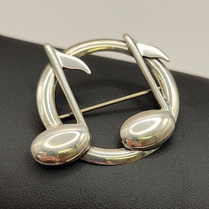 Beau Sterling Vintage Silver Music Note Pin - Round Silver Pin with Two Eighth Notes - Gift for Music Enthusiast - Music Teacher Gift -K#712