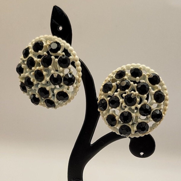 Vintage 1960's White Enameled Sparkling Black Rhinestone Round Dome Clip-on Earrings - Black and White Cluster Earrings- B&W Clip-ons- K#445