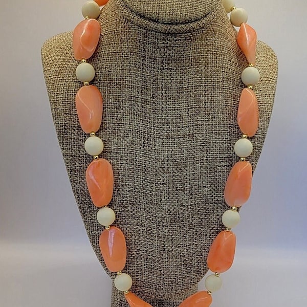 Vintage Melon and Cream Plastic Beaded Necklace Lightweight Pastel Oblong and Round Bead