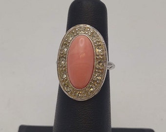 Vintage Avon Oval Shaped Ring Marbled Pink Cabochon Center with Clear Rhinestone Halo- Avon Jewelry Collector- Everything Pink K#1164