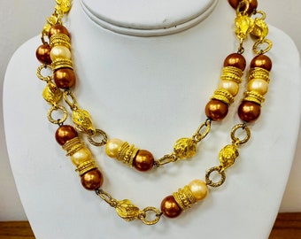 Black Beaded Statement Collar Necklace Vintage 50s 60s Monette of Paris Golden Amber