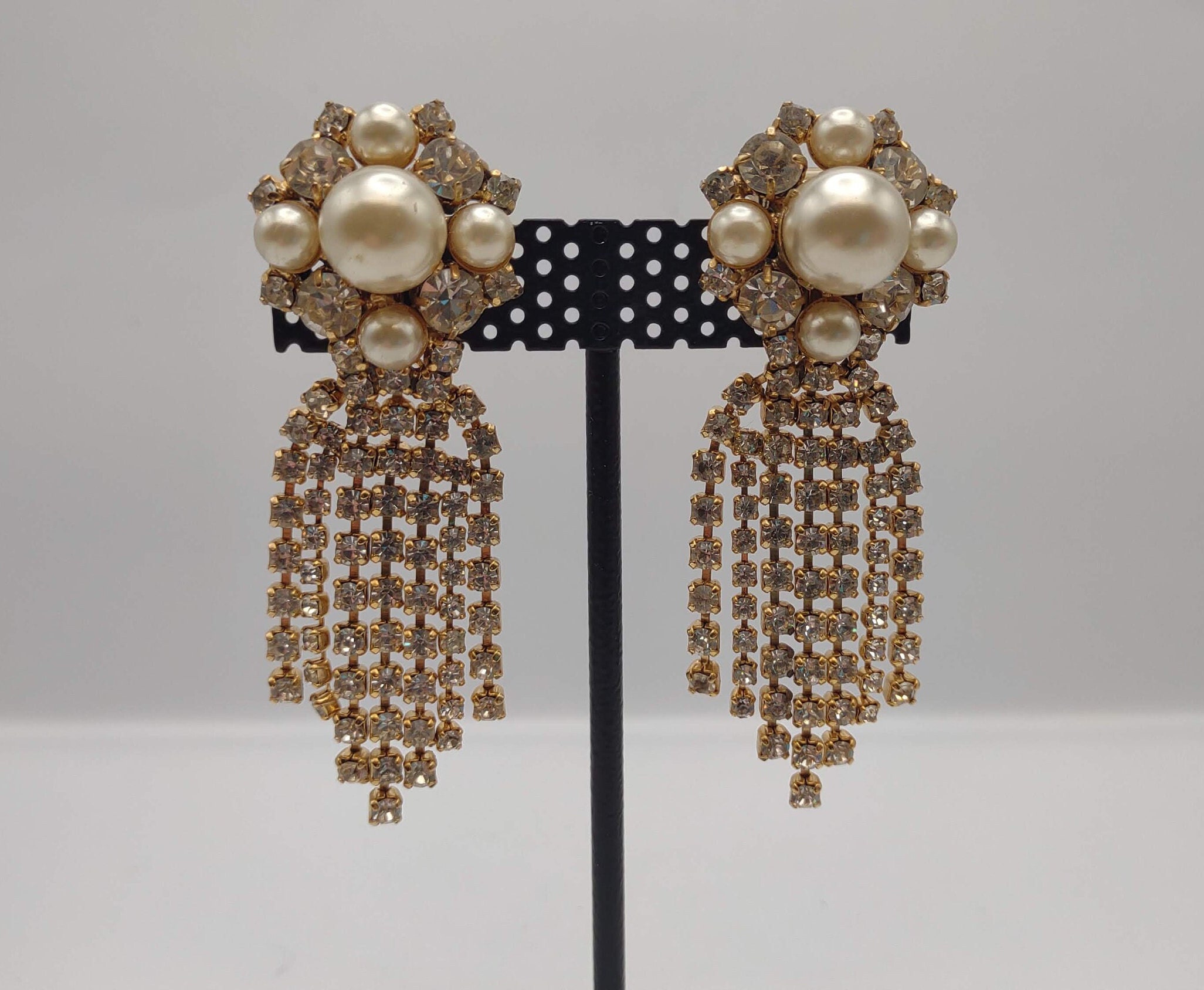 Hobe Vintage Faux Pearl Prong Set Rhinestone Graduated Dangle  