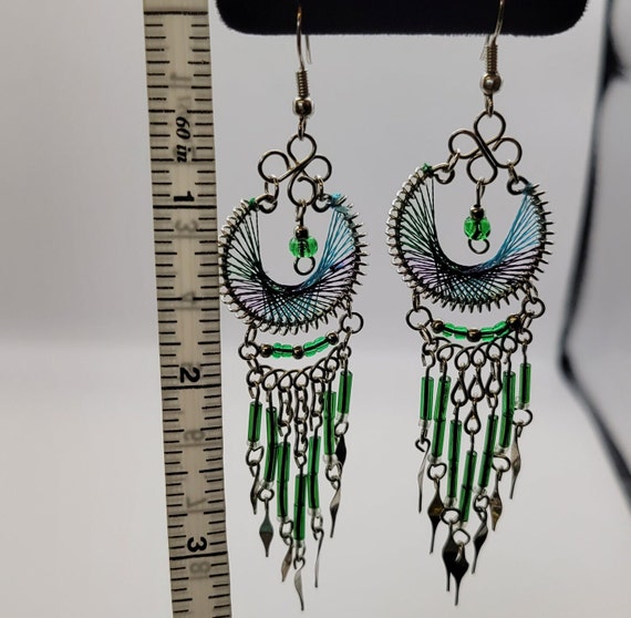 Hand Made Woven Beaded Dangle Earrings - Green, P… - image 10