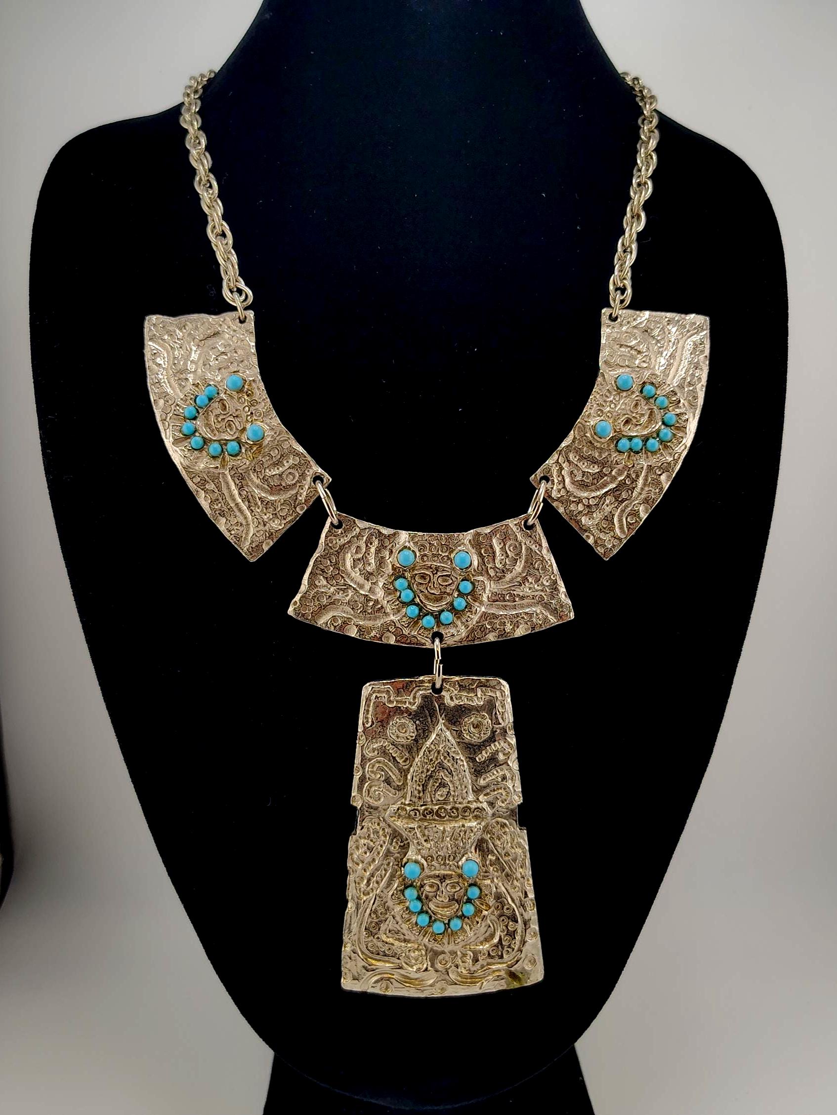 Vintage La Royale Bib Necklace: Faux Turquoise, Tribal Bohemian 