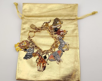 Lunch at the Ritz African Safari Charm Bracelet Enameled Rhinestone Animal Gold Bag