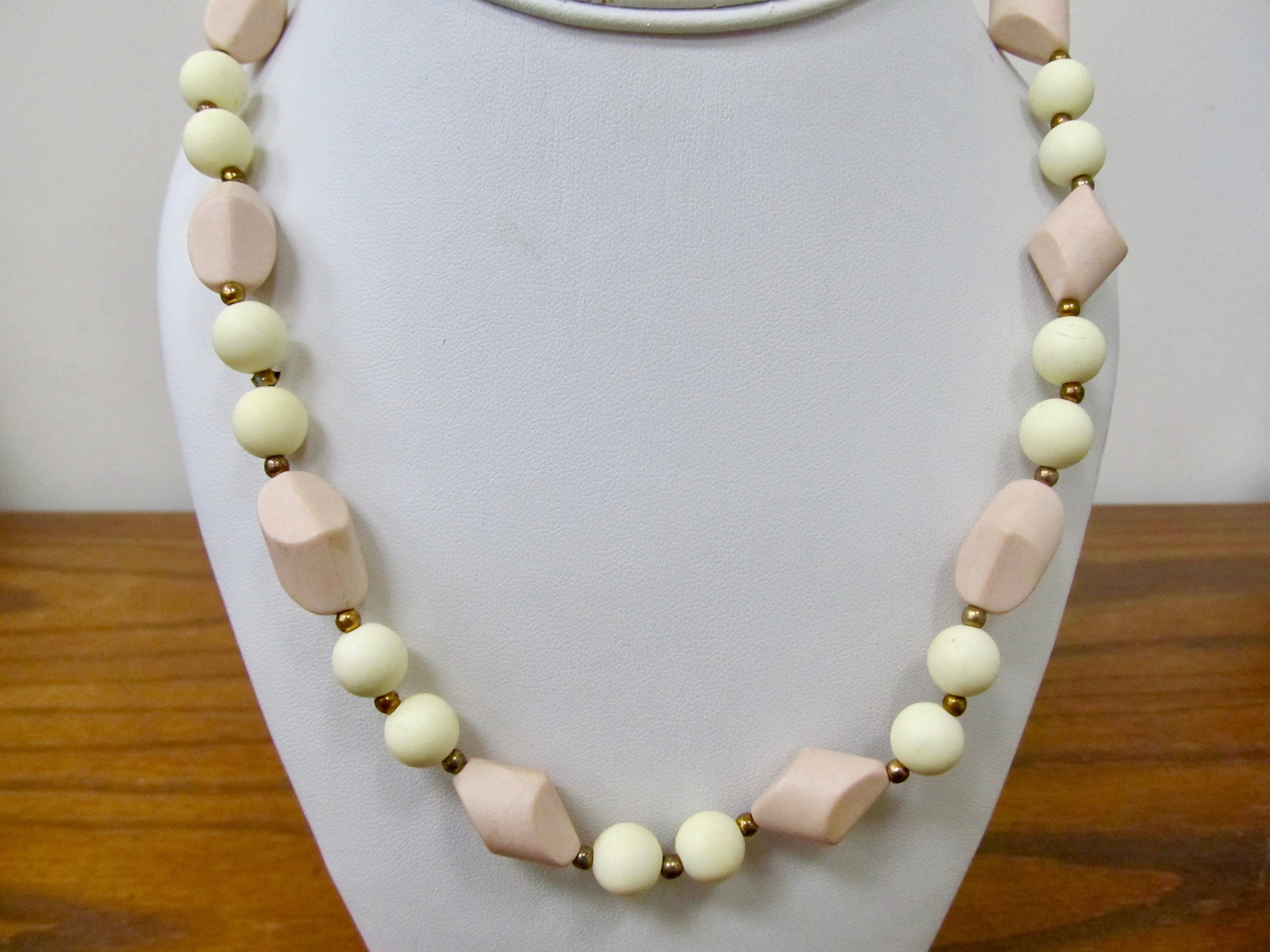 Vintage Pink and Cream Colored Plastic Beaded Necklace
