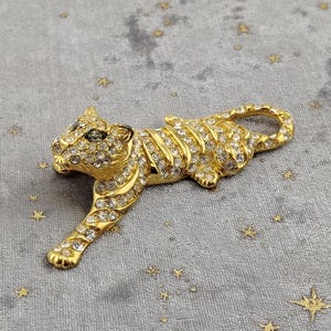 Vintage 1990s Trifari Rhinestone Prowling Tiger Brooch- Collectible Gold Tone Pave Crystal Big Cat Pin- Designer Vintage Animal Jewelry K#44