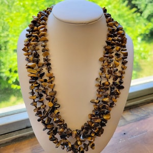 Vintage Long Beaded Tiger&#39;s Eye Necklace with Sterling Clasp- Beaded Genuine Gemstone Jewelry - Earthy Protection Jewelry-Natural Stone-K#95