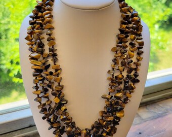 Vintage Long Genuine Tiger's Eye Beaded Necklace Sterling Silver Clasp Earthy Gemstone Protection Jewelry