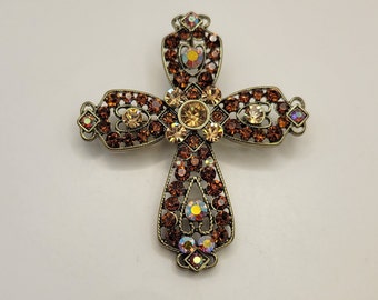 Retro Golden Rhinestone Cross Pin - Sparkling Ornate Cross Statement Brooch/Pendant - Mother's Day Gift Idea - Religious Jewelry - K#978