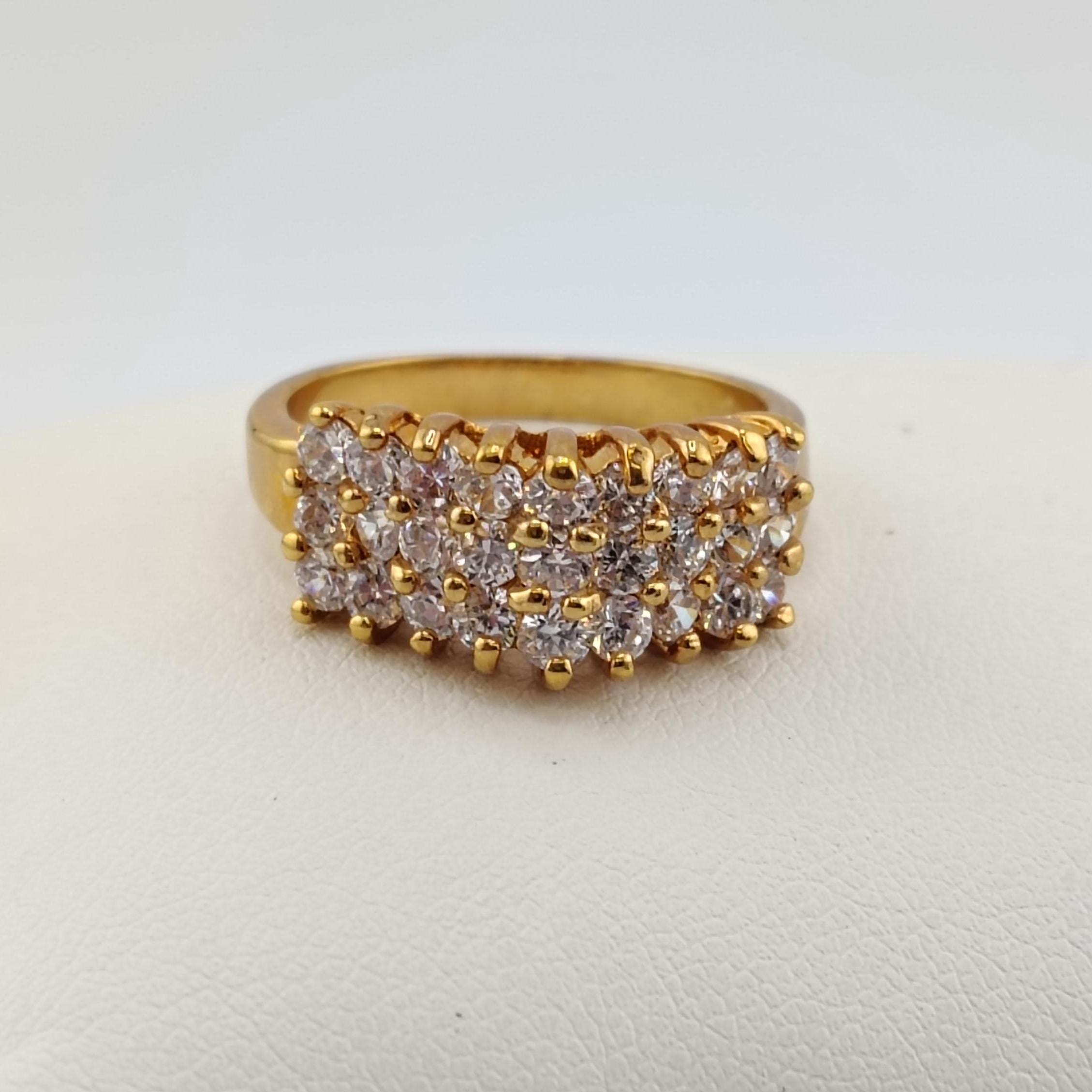 Vintage 3 Row Sparkling Clear Cubic Zirconia Cluster Gold Plated MCM Ring Size 8 1/4- Beautiful Estate Jewelry Cocktail Statement Ring K#729