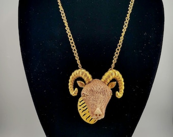 1970s Vintage RAZZA Ram Statement Pendant Necklace- 3D Ram