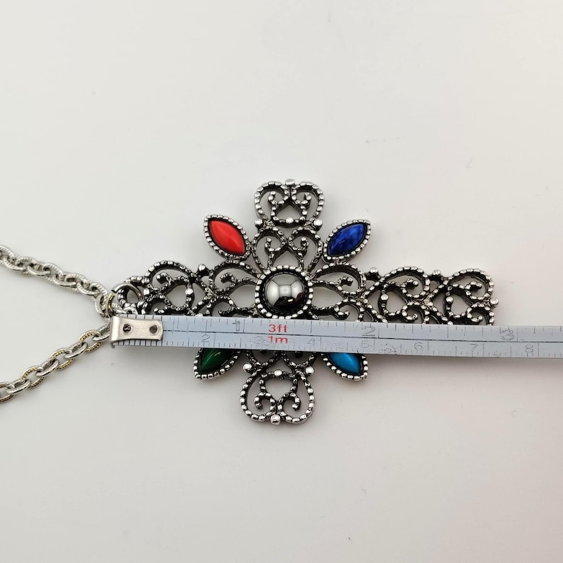 Vintage Signed Avon Ornate Cross Necklace- Large Silver Tone Colorful Statement Pendant image 9