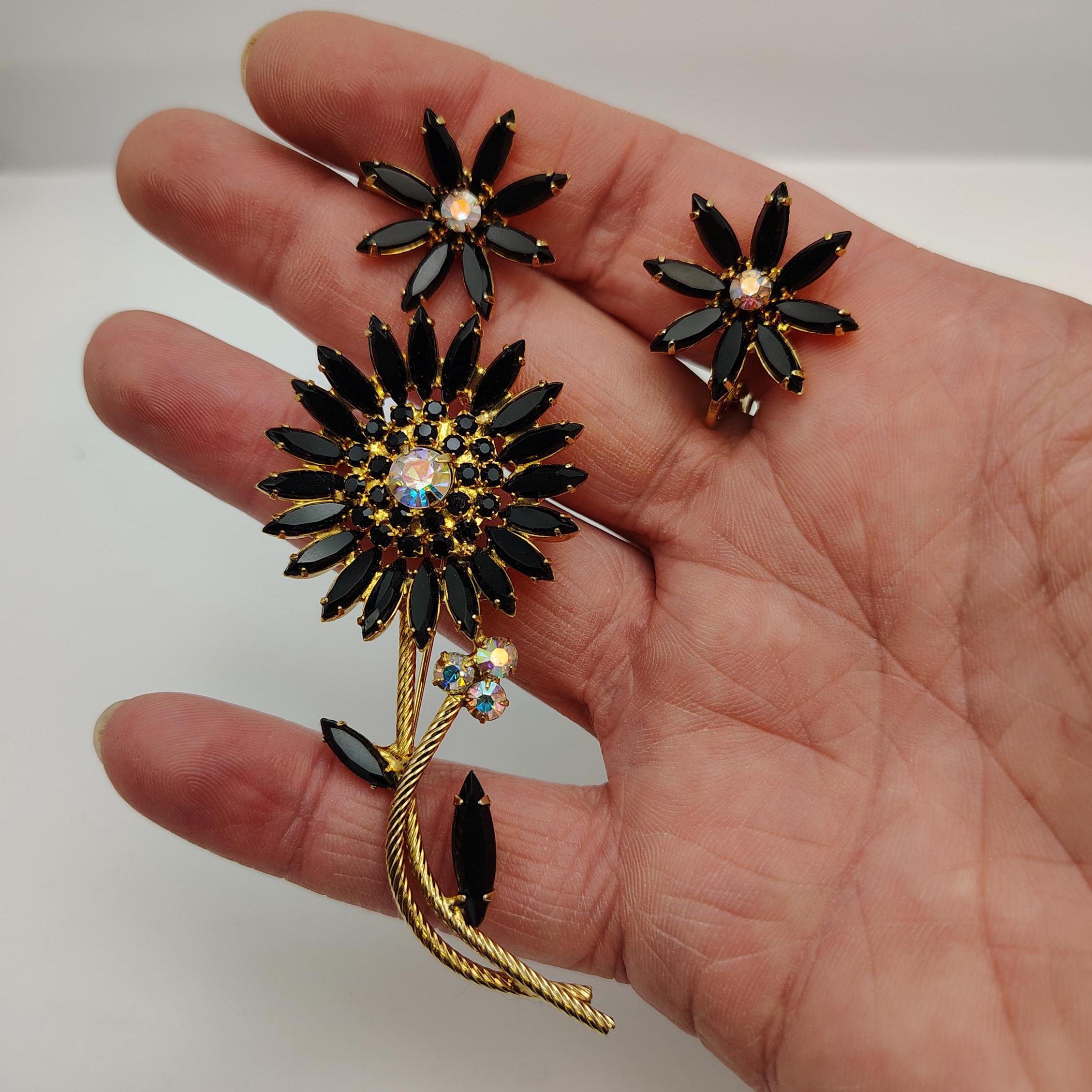 Napier Designer Black Prong Set Rhinestone Floral Brooch