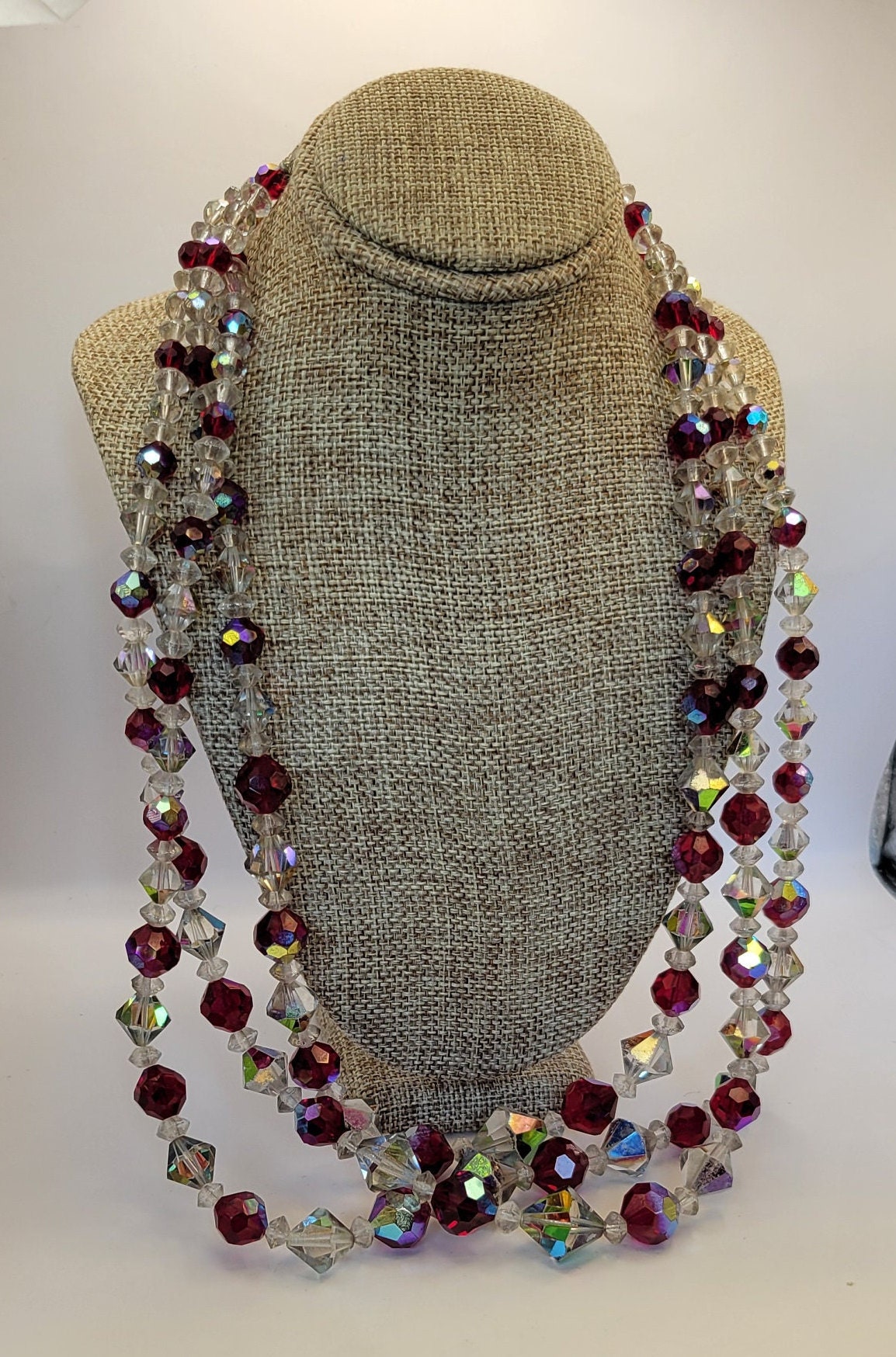 Collier Vintage Murano 3 Rangs - Perles Aurora Borealis Tons Mauves - Verre