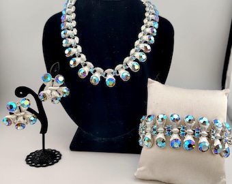 Vintage Blue Iridescent Rhinestone Three Piece Jewelry Set- Collar Necklace, Clip on Earrings, Bracelet