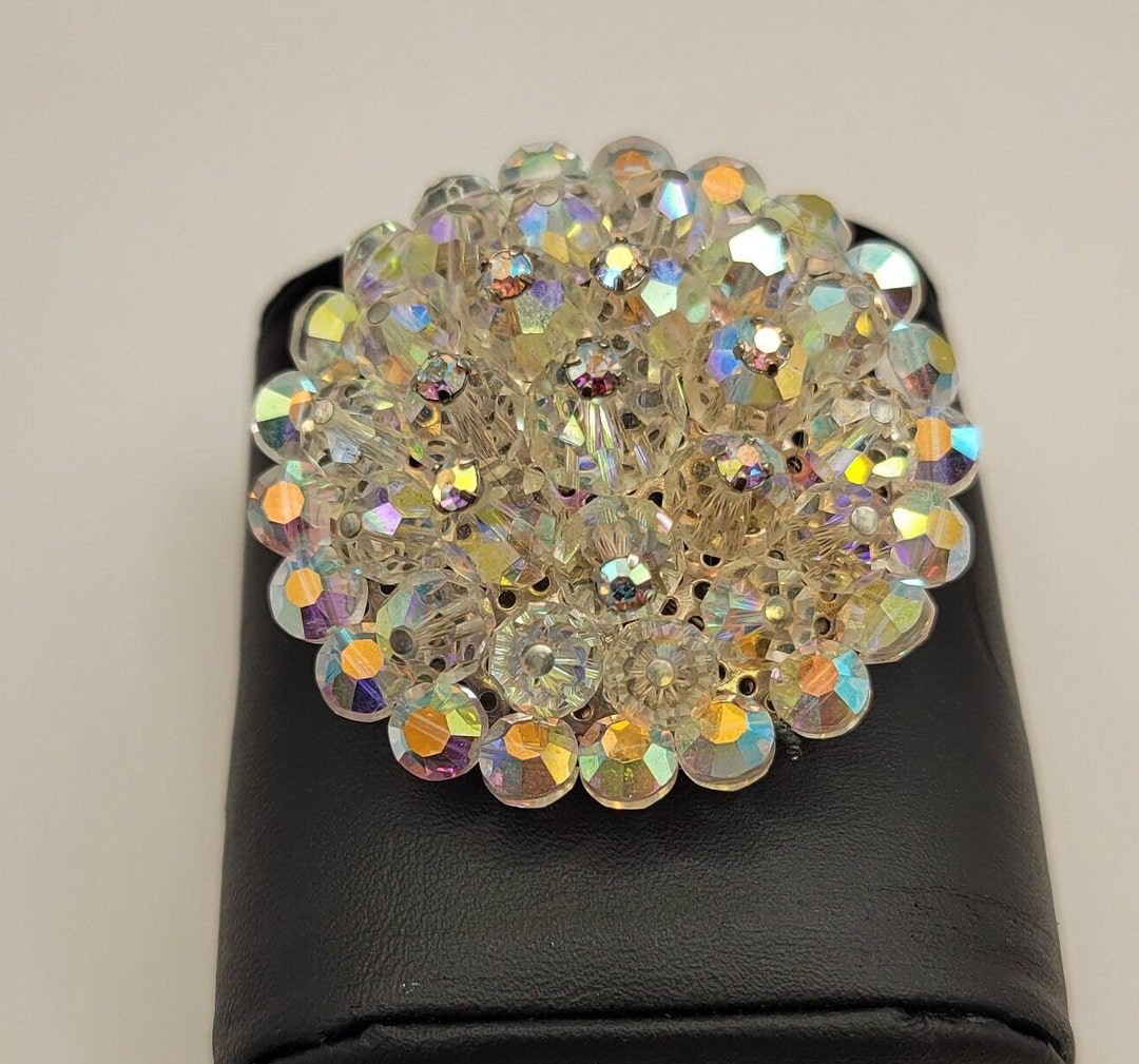 Orecchini Clip On Fiore Lucite AB Aurora Boreale | Vintage Cristallo Oro