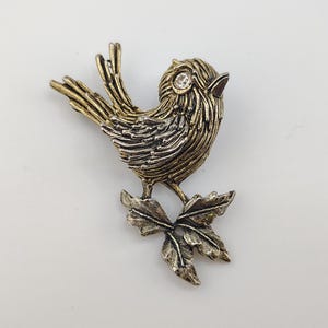 Art Signed Textured Two Tone Bird on Branch with Rhinestone Eye Boutonniere Brooch- Vintage Bird Lover Jewelry- Cute Bird Pin K#1966