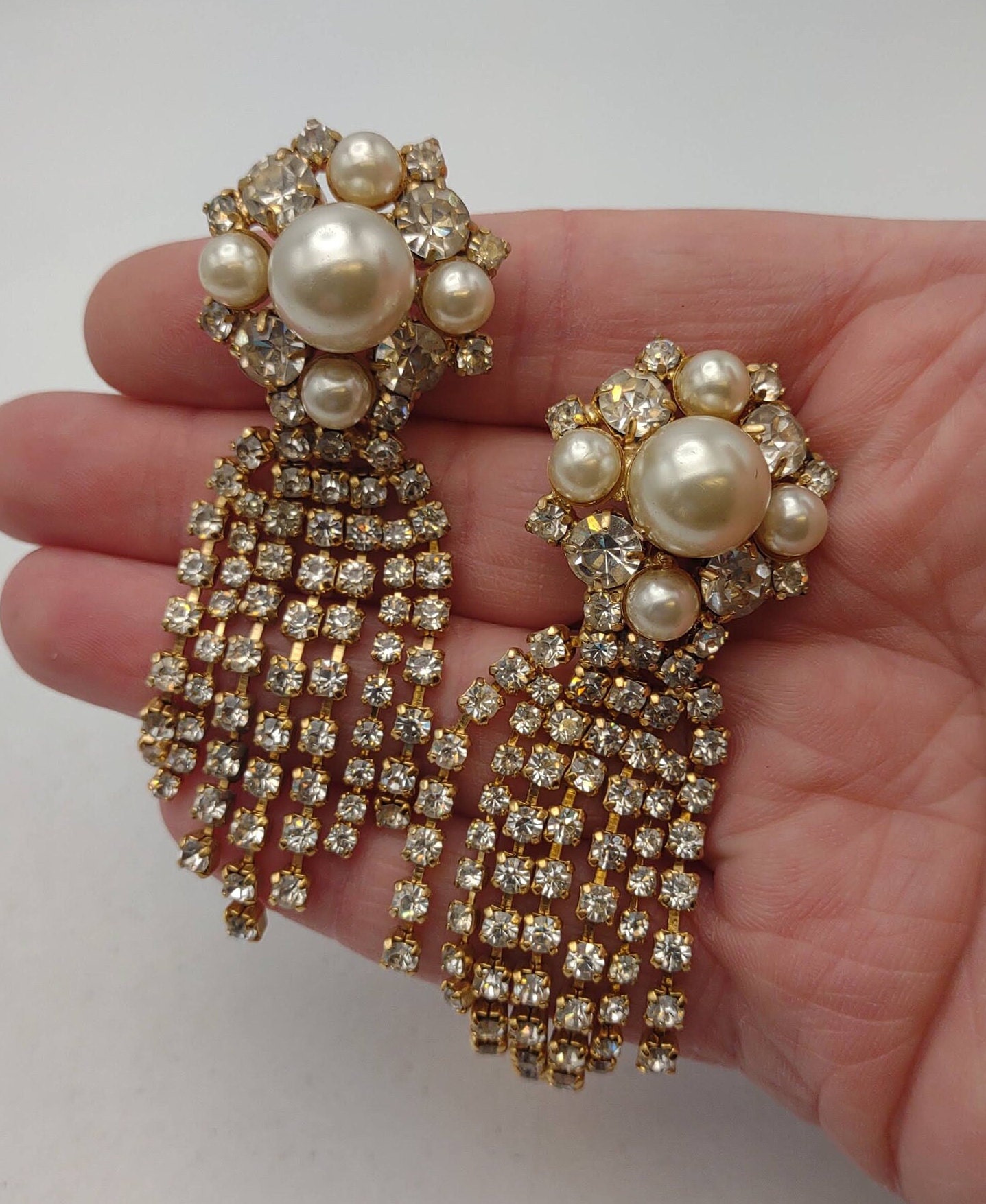 Hobe Vintage Faux Pearl Prong Set Rhinestone Graduated Dangle  