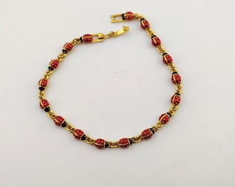 Vintage Joan Rivers Signed Ladybug Enamel Tennis Bracelet Gold Tone Designer Costume Jewelry