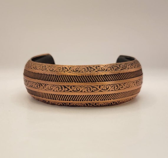 Vintage Ornate Solid Copper Cuff Bracelet- Shiny Etched Scrolling Design- Copper Collector Gift