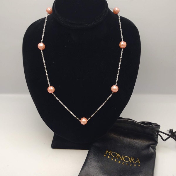 Freshwater Honora Pearl Stainless Steel Station Necklace- Vintage Cultured Honora Pearls Freshwater Collection Necklace- 9mm Pearls K#464