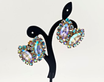 Vintage Weiss Signed Aurora Borealis Iridescent Rhinestone Clip On Earrings Gold Tone