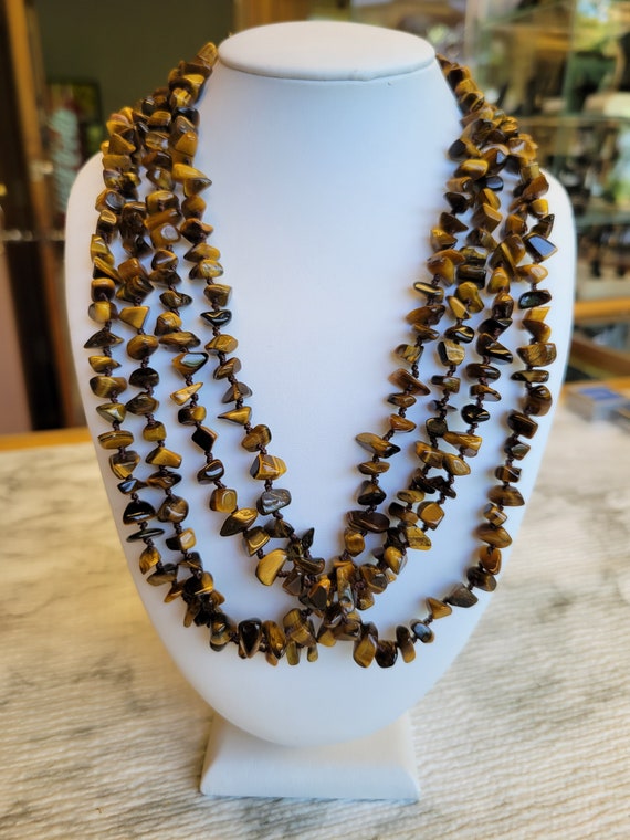 Collier Vintage En Œil De Tigre Et Argent Sterling - Grosses Perles Avec Noeud