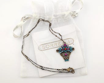 Vintage Sorrelli Signed Floral Basket Pendant Necklace Antique Gold Tone Sparkling Crystals Pouch & Papers