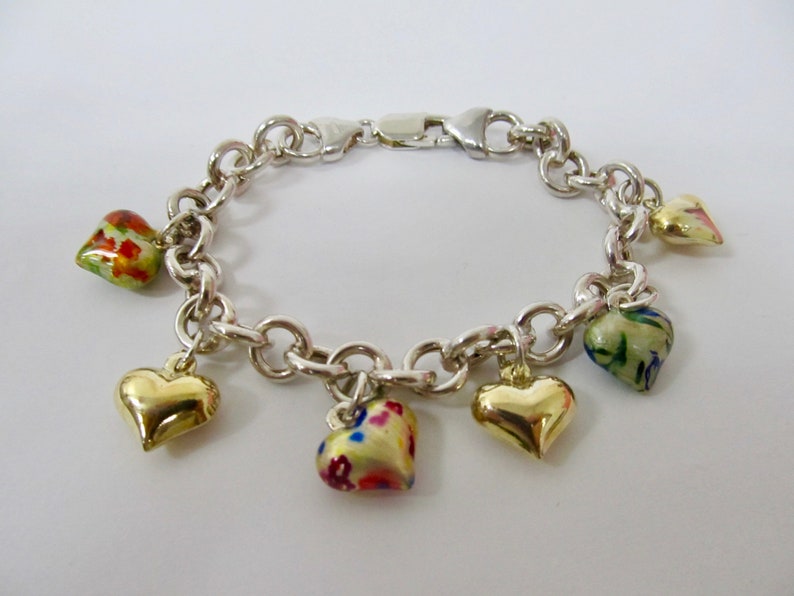 Retro 925 Sterling Silver Dangling Heart Charm Bracelet Item K # 1870