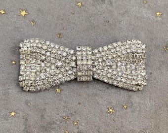Vintage Clear Rhinestone Bow Brooch Silver Tone Prong Set Sparkling Statement Pin Retro Wedding