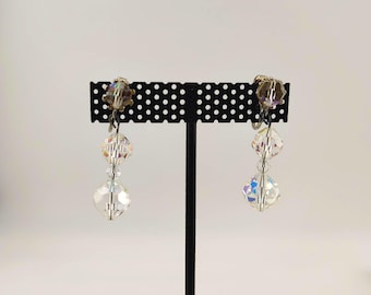Vintage Aurora Borealis Clip-On Earrings: Iridescent Bead Dangle Jewelry