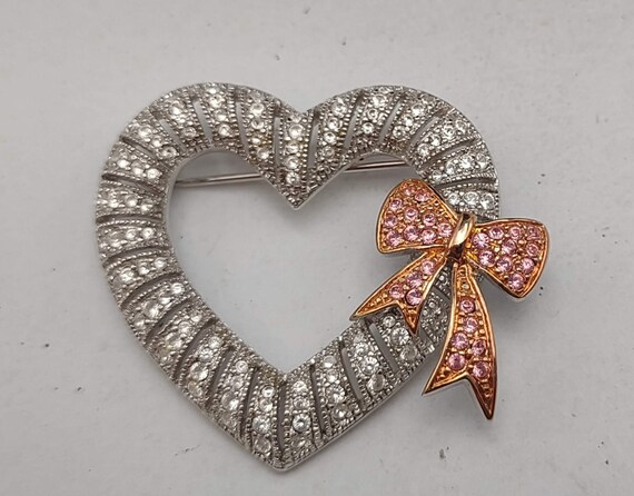 Vintage Joan Rivers Sparkling Heart with Pink Bow… - image 3